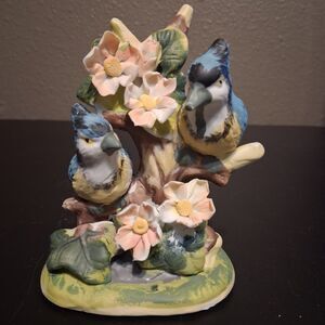 Vintage Figurine Ceramic Painted Blue Bird Floral Handmade Home Decor
